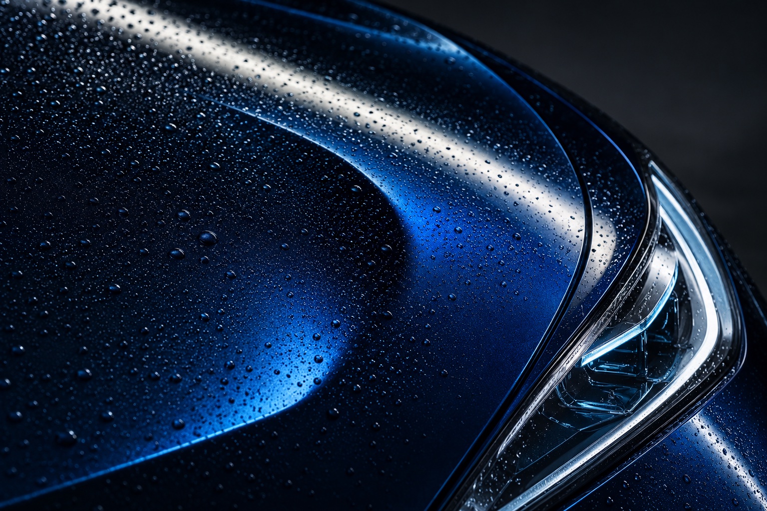 Illustrative close-up of water beads and a silver reflection on blue automotive paint